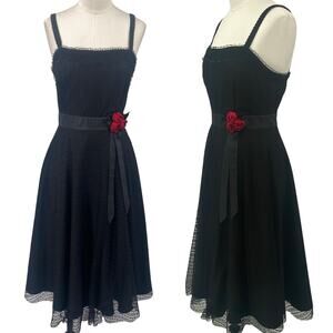 Unique Vintage Lace Fit & Flare Midi Dress Rosette Satin Waist Black Red Small